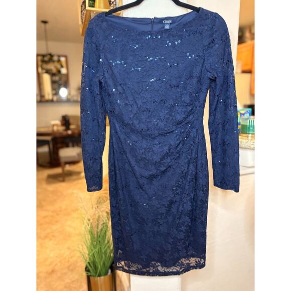 CHAPS Sequin Lace Sheath Dress Navy Size 6 - Picture 4 of 10